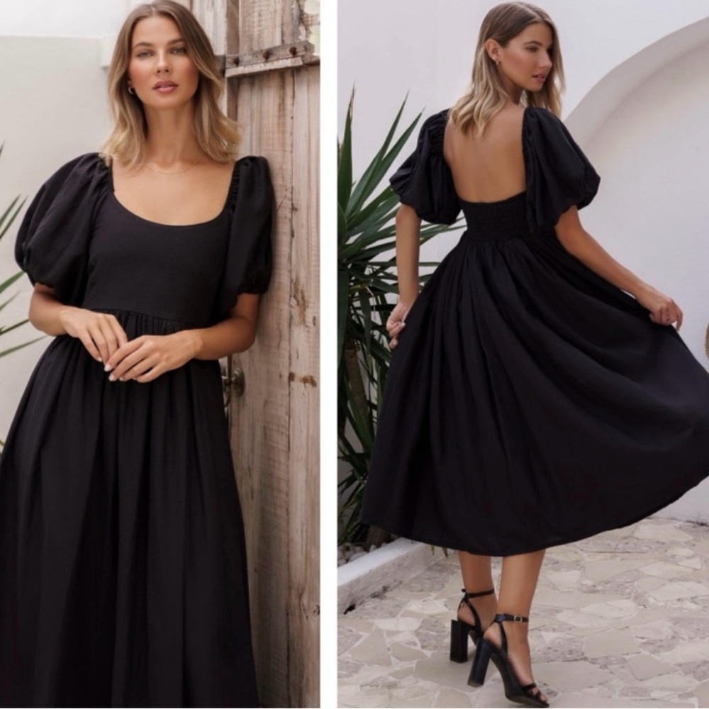 NWT Bali ELF Cherie Puff Sleeve Midi Dress in Black